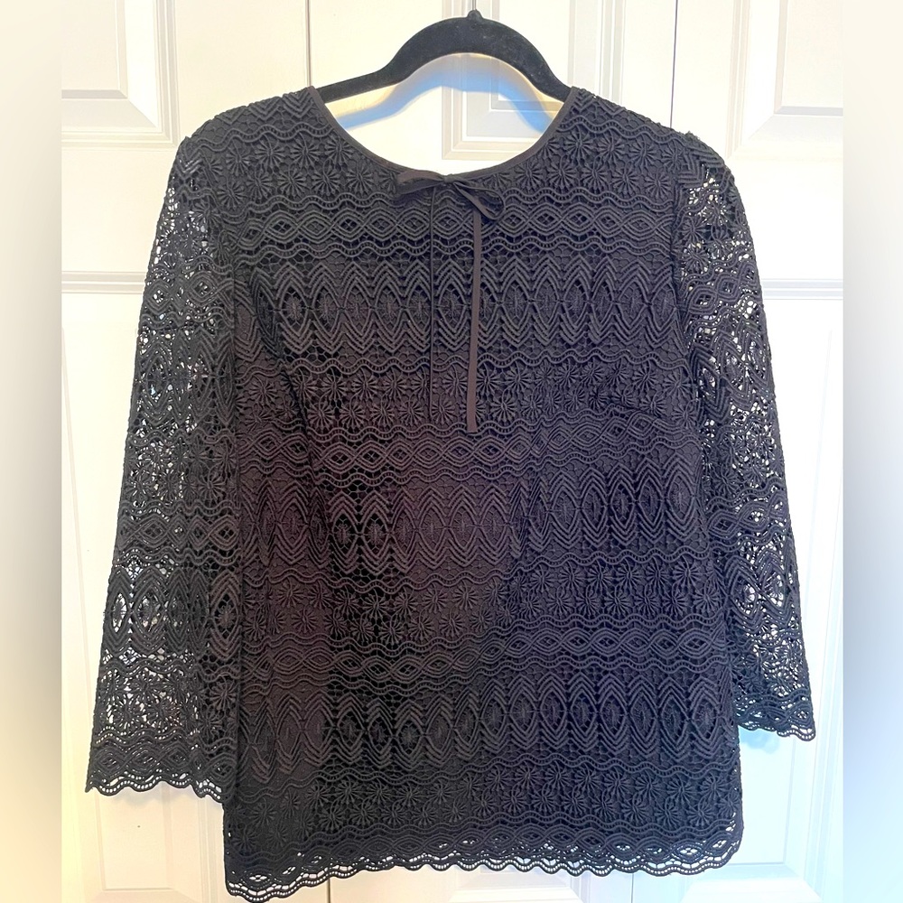 Black lace Talbots top. Sheer sleeves.  Side zip closure.